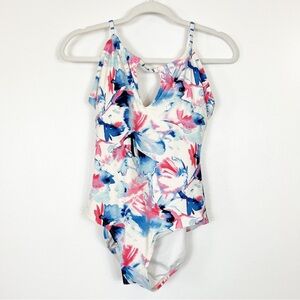 Vince Camuto One Piece Swimsuit White with Blue & Pink Floral Print Size 12
